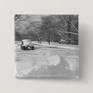 Snow capped car on street B&W 15 Cm Square Badge
