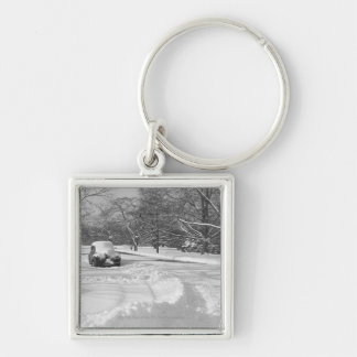 Snow capped car on street B&W Key Ring