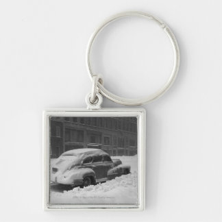 Snow capped car on street B&W Key Ring