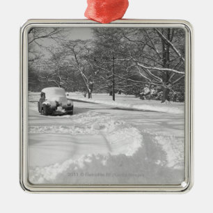 Snow capped car on street B&W Metal Tree Decoration