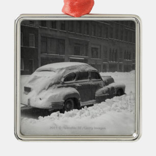 Snow capped car on street B&W Metal Tree Decoration