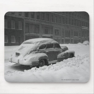 Snow capped car on street B&W Mouse Mat