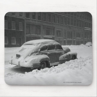 Snow capped car on street B&W Mouse Mat