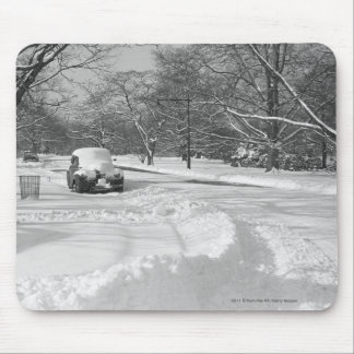 Snow capped car on street B&W Mouse Mat