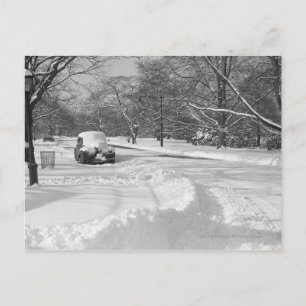 Snow capped car on street B&W Postcard