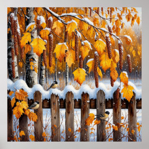 Snow-Capped Fence With Birds Poster