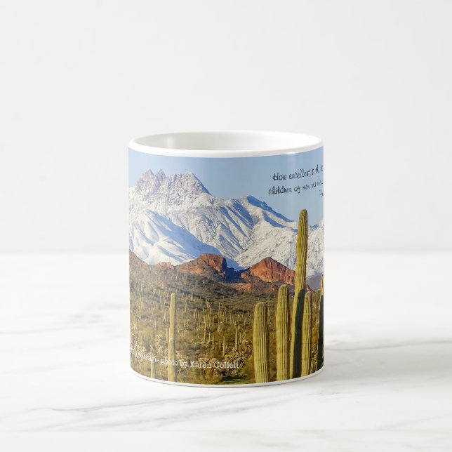 Snow Capped Four Peaks Mountain Saguaro Cactus Coffee Mug (Center)