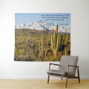Snow Capped Four Peaks Mountain Saguaro Cactus Tapestry