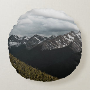SNOW-CAPPED GRAY ROCKY MOUNTAIN UNDER CLOUDY SKY D ROUND CUSHION