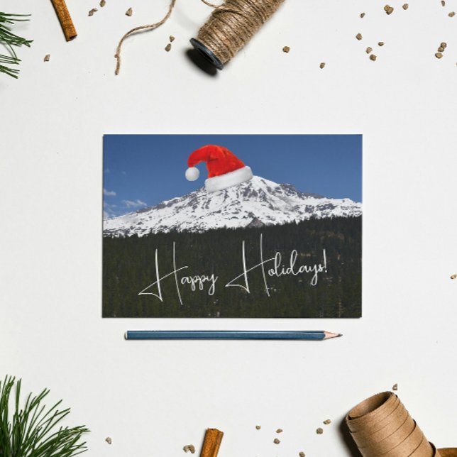 Snow Capped Mount Rainier with Santa Hat Holiday Card (In Situ Holidays)