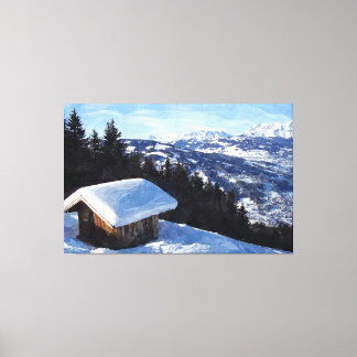 Snow capped mountain hut canvas print
