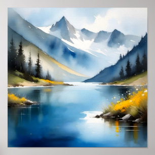 Snow capped mountains and a lake poster