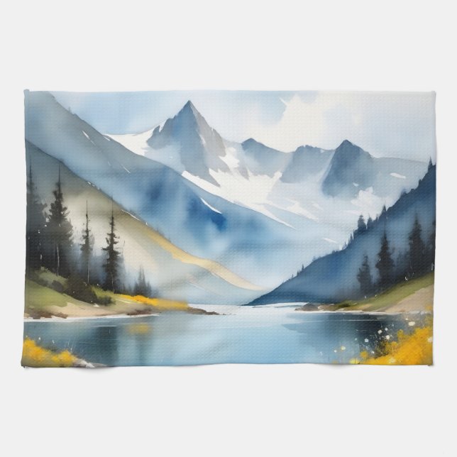 Snow capped mountains and a lake tea towel (Horizontal)