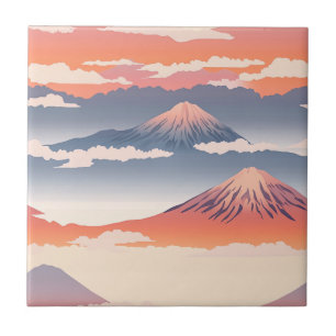 Snow Capped Mountains Golden Sky Watercolor Tile