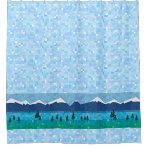 Snow capped peaks, mountain lake shower curtain