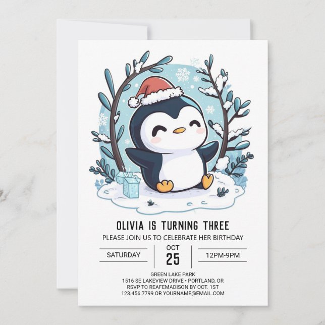 Snow Charming Penguin Digital Birthday  Invitation (Front)