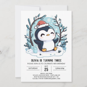 Snow Charming Penguin Digital Birthday  Invitation