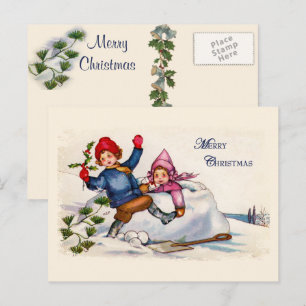 Snow Children Christmas Vintage Postcard