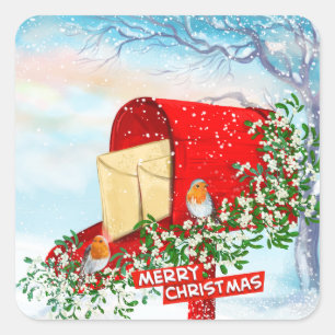 Snow Christmas Birds Red Post Box Square Stickers
