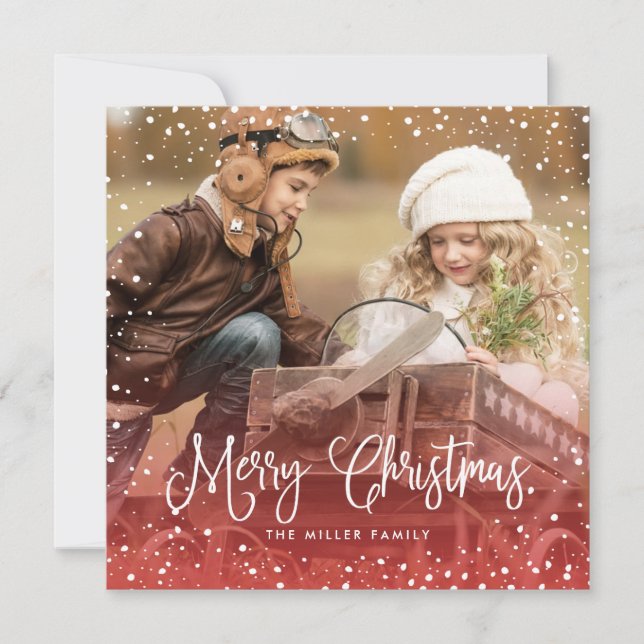 Snow Christmas Script Photo Square Holiday Card (Front)