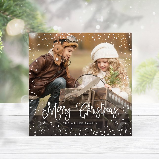 Snow Christmas Script Photo Square Holiday Card (Creator Uploaded)