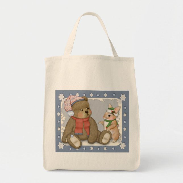 Snow Christmas Teddy and Bunny Tote Bag (Front)
