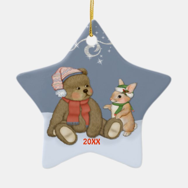 Snow Christmas Teddy Ceramic Tree Decoration (Front)