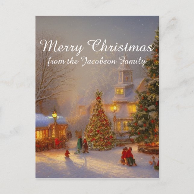 Snow Christmas Trees In Quaint Village Scene Postcard (Front)