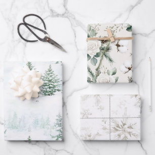 Snow Christmas Trees Winter Snowflakes Flowers Wrapping Paper Sheet