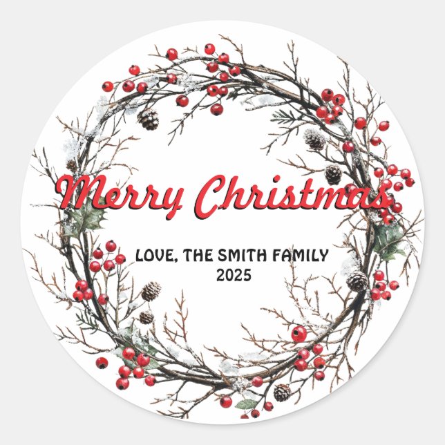 Snow Christmas Wreath Classic Round Sticker (Front)
