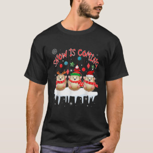 Snow Coming Christmas Three Santa Reindeer Elf Hed T-Shirt