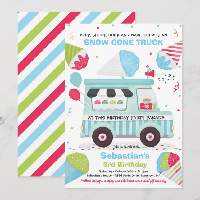 Snow Cone Birthday Party Drive By Birthday Parade Invitation (Front/Back)