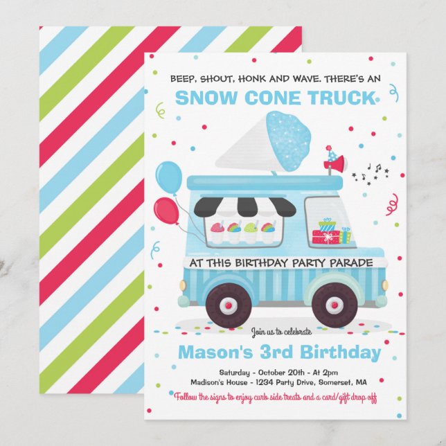 Snow Cone Birthday Party Drive By Birthday Parade Invitation (Front/Back)