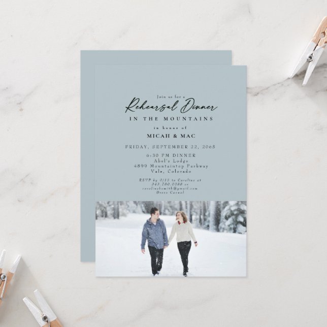 Snow Couple Photo Rehearsal Dusty Blue Invitation (Front/Back In Situ)