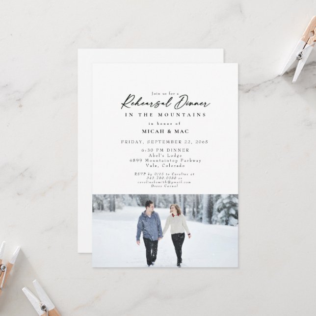 Snow Couple Photo Rehearsal Winter Wedding Invitation (Front/Back In Situ)