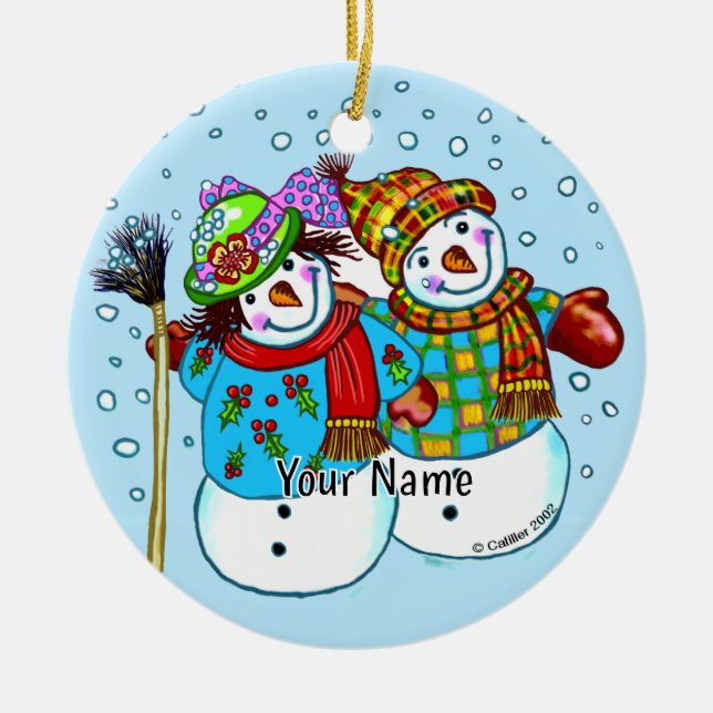 Snow Couple Snowman Ceramic Tree Decoration (Front)
