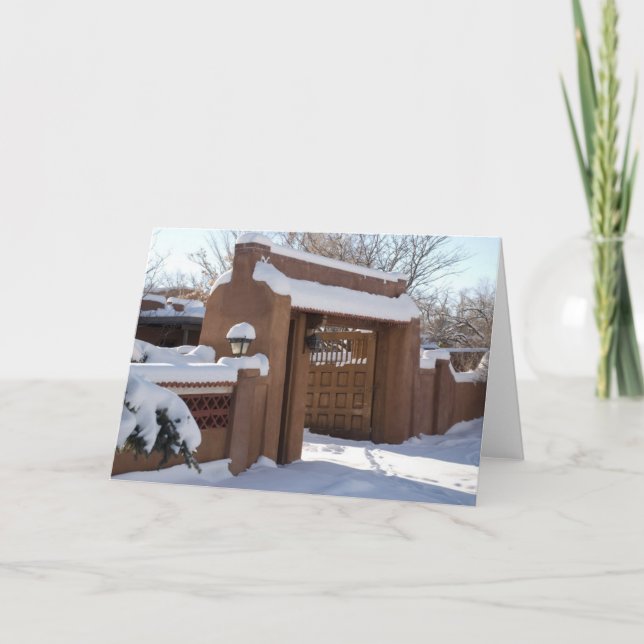 Snow covered adobe gates holiday card (Front)