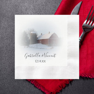 Snow Covered Barn and Silo Winter Country Wedding Napkin