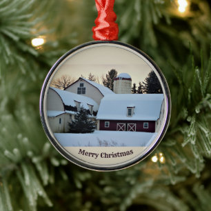 Snow Covered Barn Metal Tree Decoration