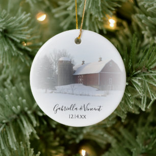 Snow Covered Barn Winter Country Be My Bridesmaid Ceramic Tree Decoration