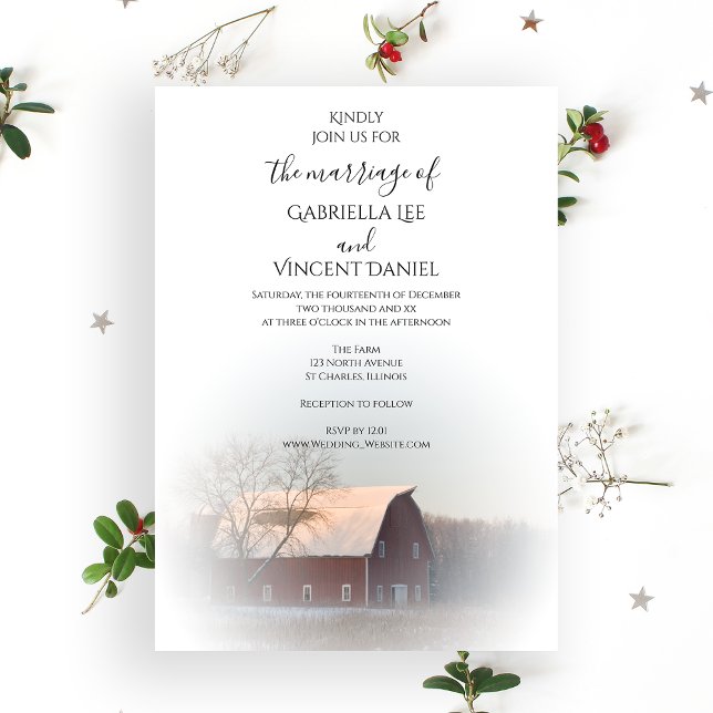 Snow Covered Barn Winter Country Wedding Invitation (Creator Uploaded)