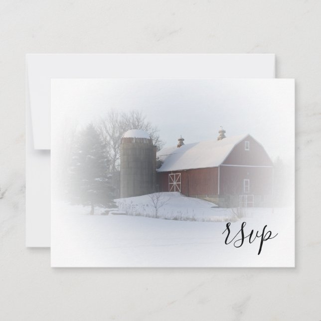 Snow Covered Barn Winter Wedding RSVP (Front)