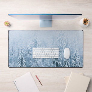 Snow covered beech spruce forest in fog desk mat