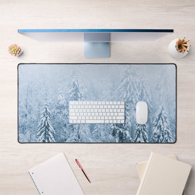 Snow covered beech spruce forest in fog desk mat (Office 1)