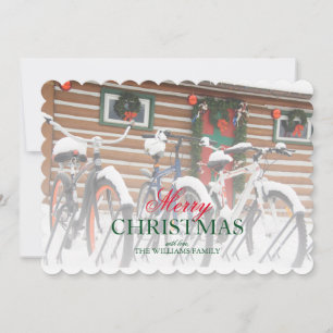 Snow-Covered Bicycles Near Festive Lodge Holiday Card