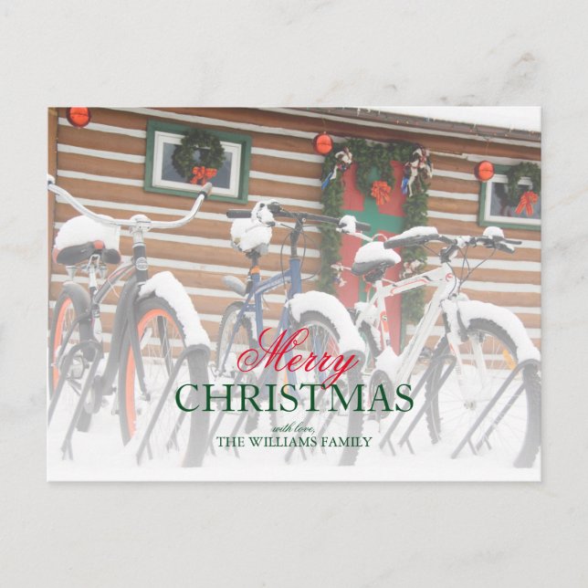 Snow-Covered Bicycles Near Festive Lodge Holiday Postcard (Front)