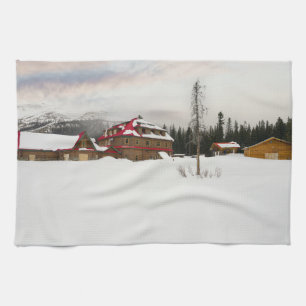 Snow-Covered Bow Lake Lodge Tea Towel