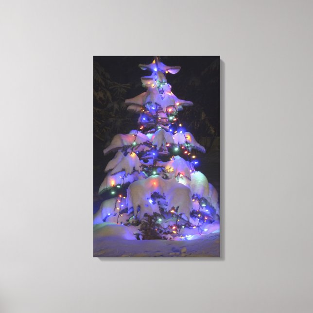 Snow Covered Brightly Lit Christmas Tree Canvas Print (Front)