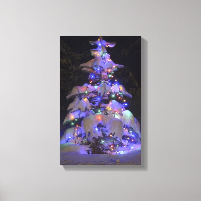 Snow Covered Brightly Lit Christmas Tree Canvas Print (Front)
