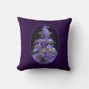 Snow Covered Brightly Lit Christmas Tree Cushion